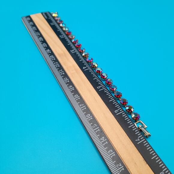 Vintage Red Rhinestone Bracelet, Aurora Borealis, 1950s Vintage Jewelry, 7 Inch - Picture 7 of 10